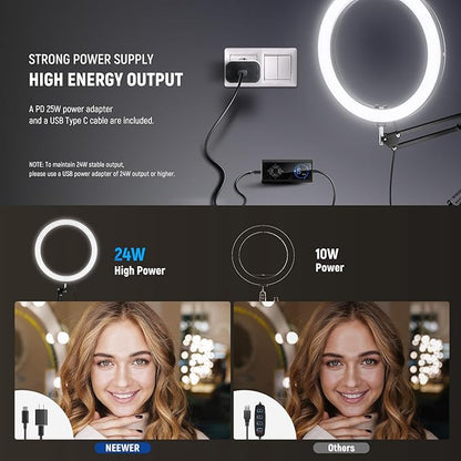 NEEWER 12" 24W High Power LED Ring Light Compatible with iPhone, 60" Overhead Folding Light Stand/Phone Holder Mount for Video Recording Selfie Makeup Streaming, 2900-7000K USB C PD Input CRI97+, RH12