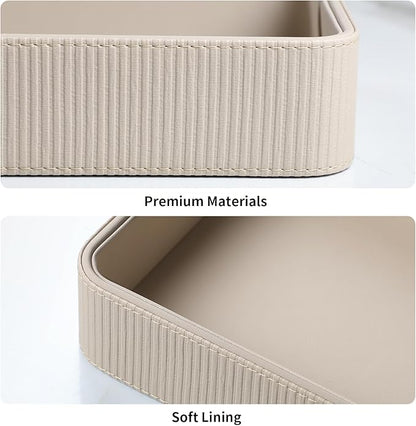 PU Leather Valet Tray Organizer, Modern Nightstand Organizer Bedside Desktop Storage for Womens and Men, Decorative Perfume Trinket Catchall Vanity Tray for Key Watch Wallet (Beige)