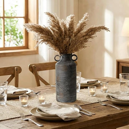 Ceramic Rustic Vase with 2 Round Handles, Antique Farmhouse Flower Vase, Vintage Terracotta Vases for Home Decor, Wedding, Living Room, Table, Shelf Decor - 10.2 Inch Tall, Black Bronze