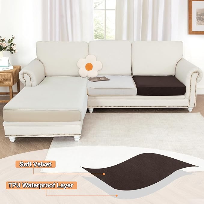 NAISI Waterproof Couch Cushion Covers Thick Velvet Fabric Washable Sofa Slipcovers 1 Piece Individual Sectional Couch Covers with Elastic Bottom(1 PC for Seat Cushion or Backrest,Coffee)