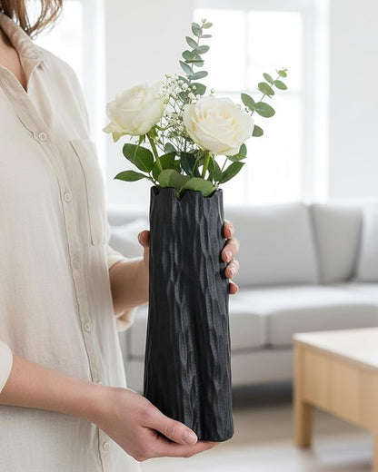 10.7 Inch Matte Black Flower Vase, Organic Nature Shape, OOSTONEE Nordic Modern Style Ceramic Vase, Shelf, Home, Living Room, Coffee Table Centerpiece, Black Vases Home Decor