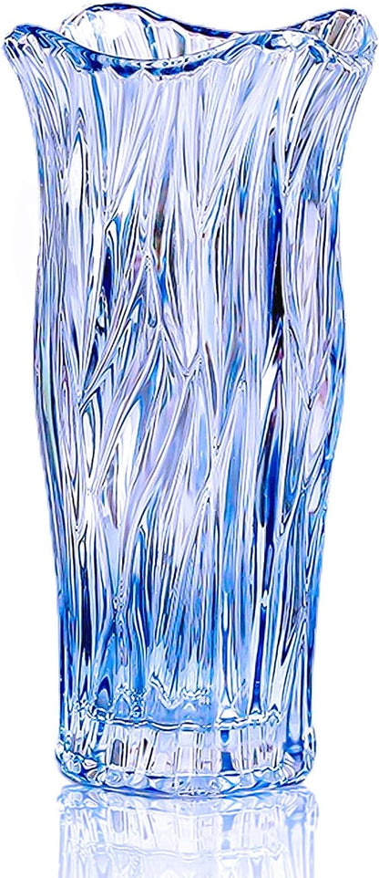 Glass Vase for Flowers, Blue Clear Glass Vases for Centerpieces, Crystal Vase for Home Table Flower Decor 9.1 inches Tall