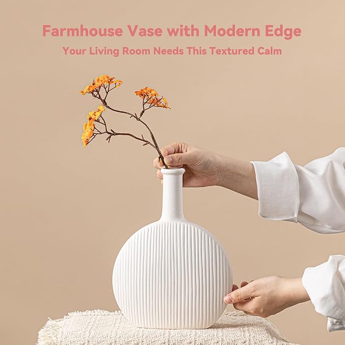 White Ceramic Vase with Vertical Fluted Texture - 9.8" Unique Flower Vase for Pampas Grass & Centerpieces, Decorative Boho/Farmhouse Vase for Living Room, Office Desk & Gift for Her/Yourself