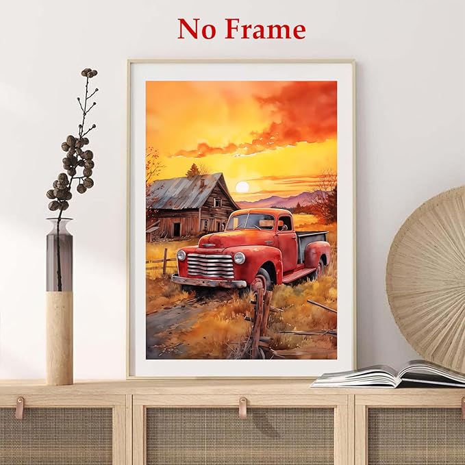 Farmhouse Scenery Canvas Red Truck Picture Farm Tractor Wall Art Old Barn Posters Old Tractor Painting Country House Artwork Rustic Landscape Picture Sunset Farmhouse Wall Art 16x24in No Frame