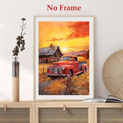 Farmhouse Scenery Canvas Red Truck Picture Farm Tractor Wall Art Old Barn Posters Old Tractor Painting Country House Artwork Rustic Landscape Picture Sunset Farmhouse Wall Art 16x24in No Frame