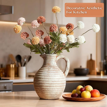 Ceramic Flower Vase Rustic Terracotta Vase with Handles Neutral Clay Pitcher Antique Vase for Home Decor,8 Inch Farmhouse Boho Vases for Living Room,Dining Table,Enterway,Shelf,Fireplace