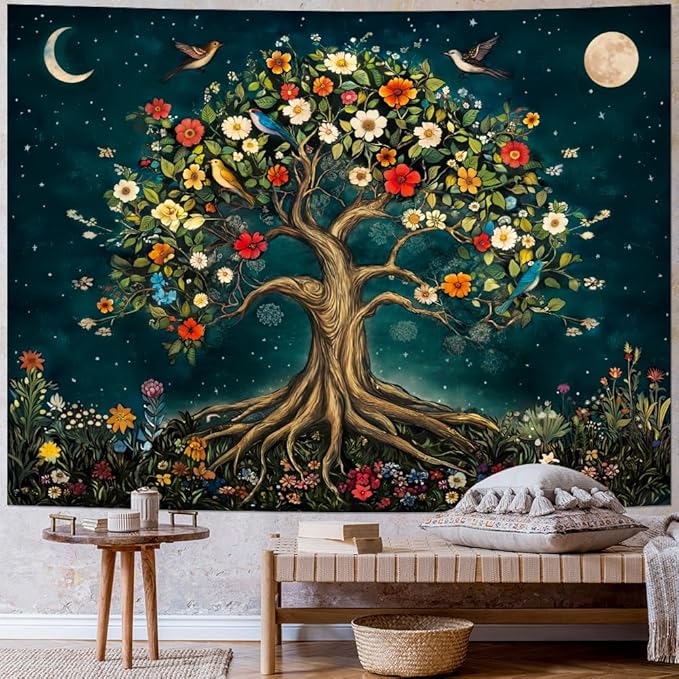 Amtoodopin Tree of Life Tapestry Mystic Boho Flowers Tapestry Vintage Aesthetic Tree Wall Tapestries Retro Nature Floral Plants Tapestries Wall Hanging for Bedroom