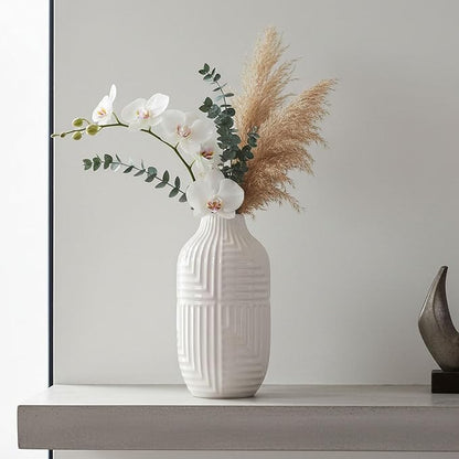 hjn Hand-Glazed White Ceramic Vase - 10.6" H Modern Decorative Centerpiece Vase for Fresh/Dried Flowers, Home Decor for Living Room Bookshelf Mantel | Wedding Housewarming Gift
