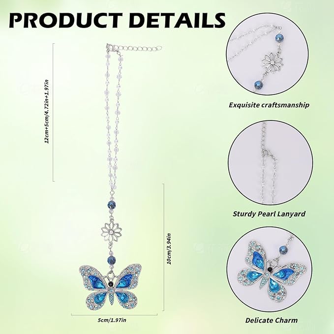 Rear View Mirror Accessories Car Charms - Blue Butterfly Resin Crystal Rhinestone Hanging Pendant, Cute Sun Catcher Accessory, Halloween for Mom Driver Friends