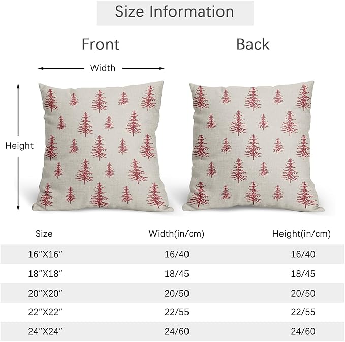 Christmas Tree Pillow Covers 16x16 Set of 2 Red Xmas Vintage Winter Print Decorative Outdoor Linen Zipper Throw Pillows Cases Cushion Cover Rustic Holiday Decoration Farmhouse Sofa Couch Bed Decor