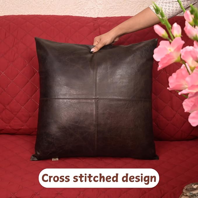Lambskin Leather Pillow Cover - Sofa Cushion Case - Decorative Throw Covers for Living Room & Bedroom, 22x22 Inches - Dark Brown Crunch Plain Pack of 2