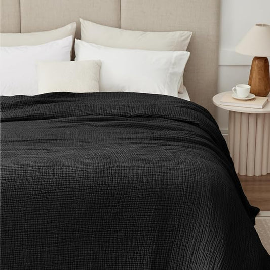 100% Cotton Muslin Blanket Large 50"x 70", 6 Layers Breathable and Lightweight Cotton Throw Blankets for Couch, Soft Cooling Summer Gauze Blanket for Adults All Season, Black