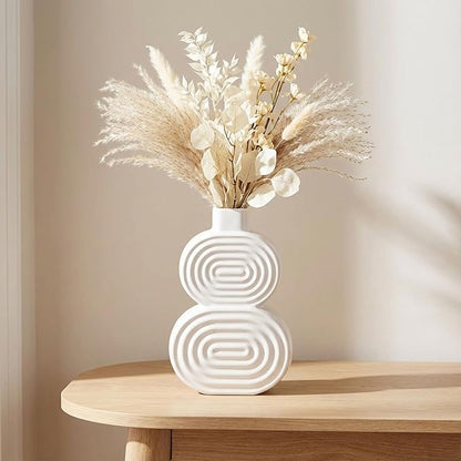 Decorative Flower Vase for Home Decor – Ceramic Modern Flower Vase with Stacked Design, Stylish Table Centerpiece for Living Room or Entry Display - Boho for Faux Flowers and Greenery – 10", White