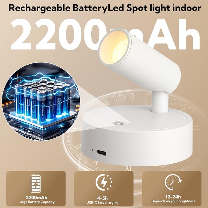 4 Pack Spotlights Indoor with Remote, Rechargeable Picture Lights, Wireless LED Uplighting with Dimmable 3CCT Modes, Display Lights for Artwork, Plant, Painting, and Accent Lighting, White