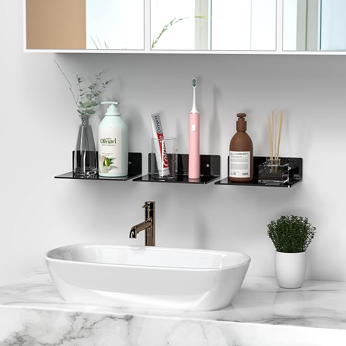 Sezanrpt 9 Inches Acrylic Wall Shelves 2 Pack, Floating Shelf for Wall Mounting, Acrylic Display Ledges for Funko Pop Figures, Home Décor, Living Room, Gaming Room, Plants(9 inch, Black)