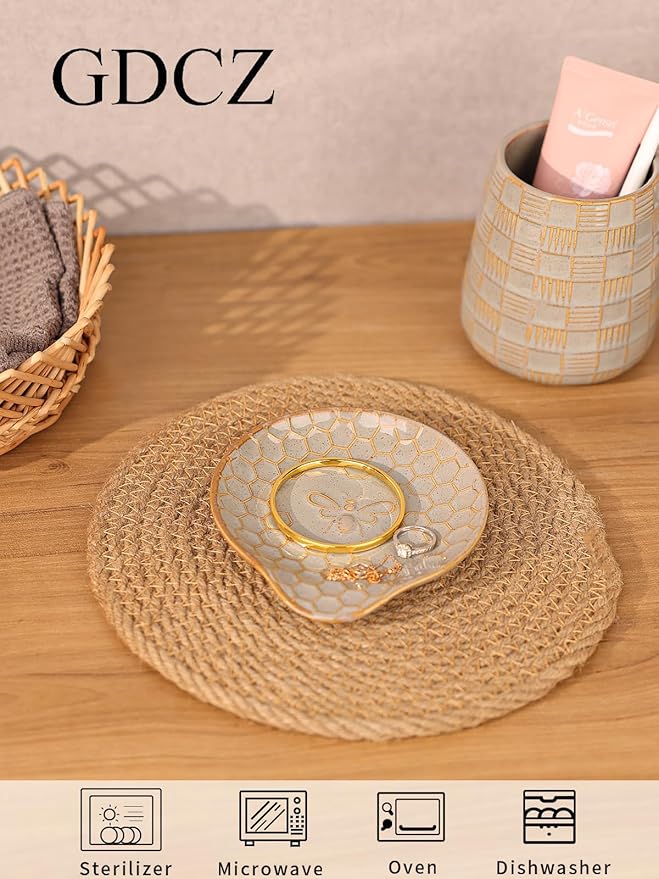 GDCZ Ceramic Jewelry Tray, 5.3" Decorative Dish, Personalized Jewelry Trays Tray with Pattern, Gifts for Friends, Sisters and Women,Set of 2 (Grey)