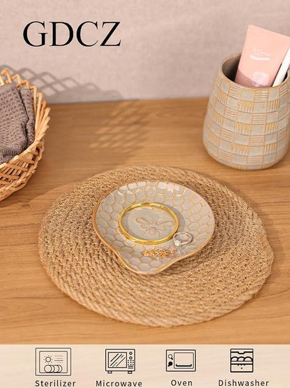 GDCZ Ceramic Jewelry Tray, 5.3" Decorative Dish, Personalized Jewelry Trays Tray with Pattern, Gifts for Friends, Sisters and Women,Set of 2 (Grey)