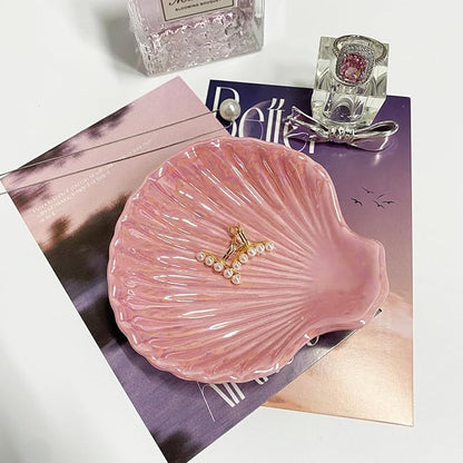 Shell Shape Ring Holder Dish, Seashell Jewelry Dish Tray, Ceramic Trinket Tray for Rings Earrings Necklaces Bracelet, Birthday Christmas Gift for Mom Friend Sister, 3.9", Pink Iridescent Surface