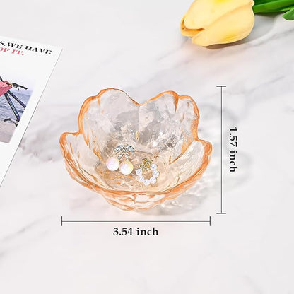 Koythin 2-Piece Glass Jewelry Tray, Mini Ring Dish for Necklace Earring Bracelet, Cute Trinket Tray for Engagement Vanity Bathroom, Crystal Floral Aesthetic Key Bowl for Women Girl Mom (Amber)