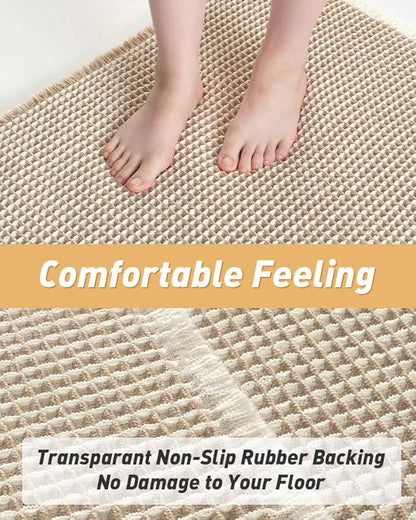 AMOAMI Upgraded Waffle Runner Rug Super Absorbent Non Slip Bath Mats for Bathroom Machine Washable Bathroom Runner Rug with Tassels, Ideal for Hallway Bedroom Laundry Room, 17" x 72", Brown & Cream