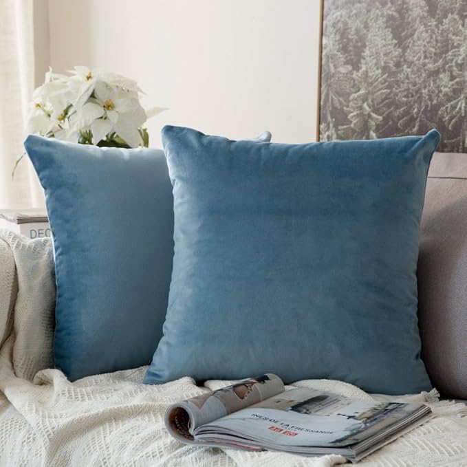 MIULEE Velvet Throw Pillow Covers 22x22 Inch, Pack of 2 - Light Blue, Soft Solid Decorative Pillow Covers Cushion Cases Modern Luxury Home Decor for Spring Couch Sofa Bedroom Livingroom