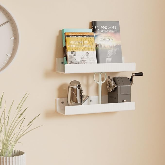 12 Inches White Acrylic Wall Shelves 2 Pack, Acrylic Bookshelf for Wall. Wall Mounting Shelf for Living Room