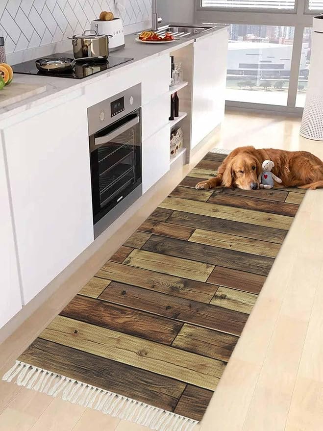 Brown Kitchen Hallway Runner Rug 2X5 Ft Carpet, Washable Woven Vintage Country Wooden Grain Throw Carpet with Tassel, Non-Shedding Farmhouse Cabin Retro Plank Stitching Art Entryway Laundry Rugs