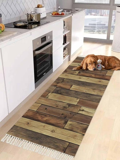 Brown Kitchen Hallway Runner Rug 2X5 Ft Carpet, Washable Woven Vintage Country Wooden Grain Throw Carpet with Tassel, Non-Shedding Farmhouse Cabin Retro Plank Stitching Art Entryway Laundry Rugs