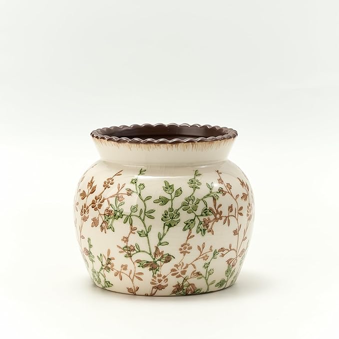 SIDUCAL Ceramic Green and Beige Vase with Wide Mouth Lace, 4.84 Inch Cracked Chinoiserie Rustic Farmhouse Vases, Pastoral Retro Vase for Home Decor, Table, Living Room, Bathroom, Shelf, Wedding