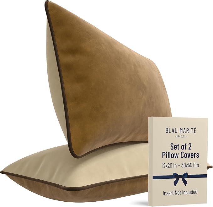 Set of 2 Decorative Throw Pillow Covers Cushion Cases. Soft Velvet. Contrast Pipping Edge. Filling Not Included. (12x20in, Camel/Beige)
