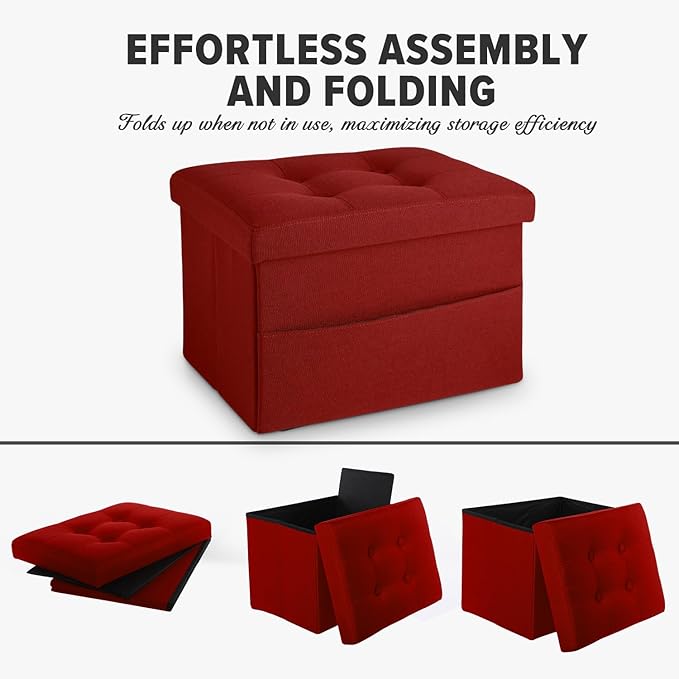 LINMAGCO Storage Ottoman Folding Foot Stool Foot Rest with Side Pocket Modern Ottoman with Storage Short Sofa Stool Linen Cloth 17x13x13(ROSEO)