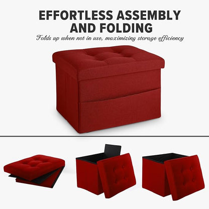 LINMAGCO Storage Ottoman Folding Foot Stool Foot Rest with Side Pocket Modern Ottoman with Storage Short Sofa Stool Linen Cloth 17x13x13(ROSEO)