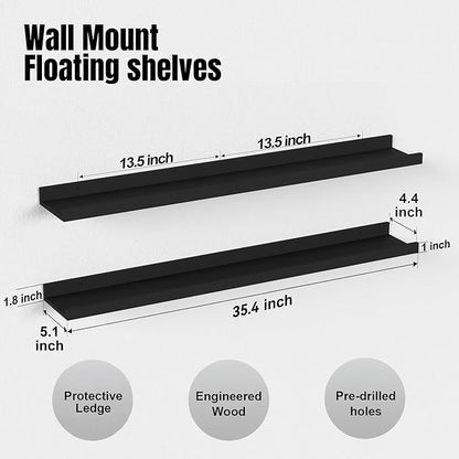Boswillon 35.4 Inches Long Floating Shelves Wall Mounted, 2 Set Modern Black Wall Shelf for Bedroom, Nursery Book Shelf with Lip, Picture Ledge Shelf for Decor Living Room Bathroom Kitchen- Black