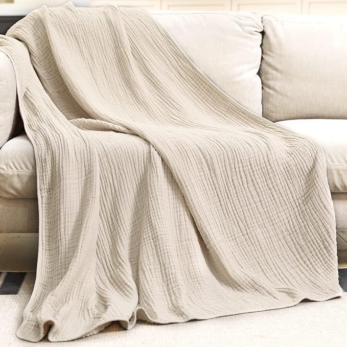 Yoofoss Muslin Blanket 100% Organic Cotton Throw Large 90" x 108" for Bed Couch Summer Gauze Blanket for Adults Lightweight and Breathable Apricot White