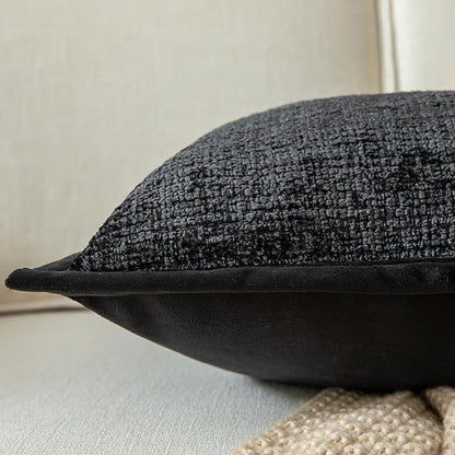 Yaertun Pack of 2 Chenille Textured Decorative Throw Pillow Covers Accent Solid Cushion Cover Soft Cozy Pillow Case with Velvet Back for Couch Sofa Bed Living Room 16x16 Inch Black