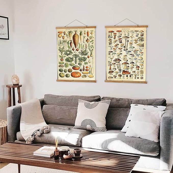 ABoby 2 Pack Vintage Vegetables and Mushroom Poster Hanger Frame, Retro Style of Wall Art Prints, Printed on Linen with Wood Frames, Ready to Hang
