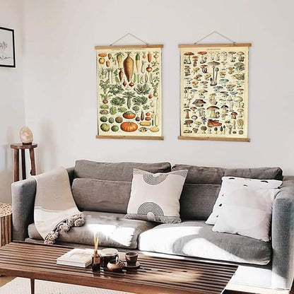 ABoby 2 Pack Vintage Vegetables and Mushroom Poster Hanger Frame, Retro Style of Wall Art Prints, Printed on Linen with Wood Frames, Ready to Hang