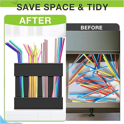 Straw Holder For Cabinet With Double Sided Adhesive Tape Reusable Cabinet,Straw Organizer For Cabinet, Fridge And Kitchen Counter(Black)