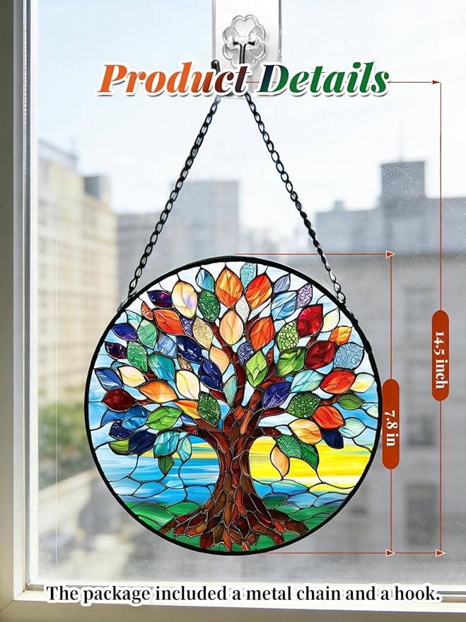 Stained Glass Window Hanging, Colorful Tree of Life Suncatcher for Door Home Decor, Glass Panel Sunrise Sun Catcher Ornament Mother's Day Birthday Gifts for Women Men Mom 7.8 in