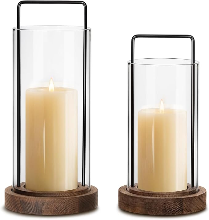 Houmury Set of 2 Brown Hurricane Candle Holders Lantern 12” & 10”with Wood Base Metal Handle Glass Cylinder Modern Farmhouse Decor for Home Decor, Table Centerpieces (Brown)