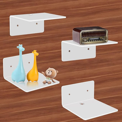 4 Pack Small Acrylic Floating Shelves, 4'' Acrylic Wall Shelves Display Ledges for Storage & Decoration, Mini Shelves for Wall with 2 Types of Installation (Adhesive or Screw)