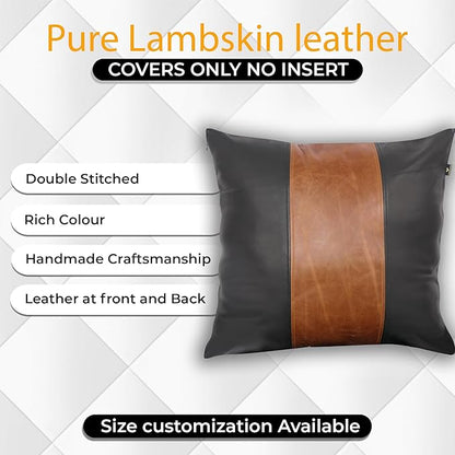 LL LEATHER LOVERS Lambskin Leather Pillow Cover - Sofa Cushion Case - Decorative Throw Covers for Living Room & Bedroom, 16x16 Inches - Black & Tan Crunch Pack of 2