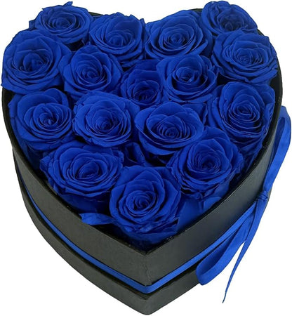 Preserved Roses Heart Shape Box Valentines Day Gifts for Her Mothers Day Forever Flowers (Blue, 16 Roses)