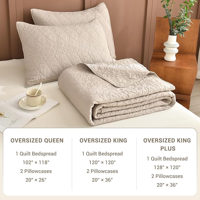 Sanracie Oversized Queen Quilt Bedspread 102"*118", 100% Cotton Quilt Bedding Set 3pcs Linen Colored Extra Large Wide Coverlet Queen Size Lightweight Soft and Cozy Cloud Bed Quilts for All Season