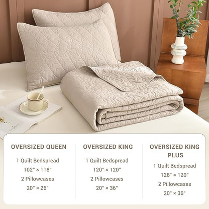 Sanracie Oversized Queen Quilt Bedspread 102"*118", 100% Cotton Quilt Bedding Set 3pcs Linen Colored Extra Large Wide Coverlet Queen Size Lightweight Soft and Cozy Cloud Bed Quilts for All Season