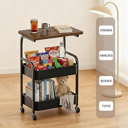 Rolling Cart with Wooden Tabletop 3-Tier Metal Utility Rolling Cart Storage Organizer with Lockable Wheels for Kitchen, Office, Bedroom