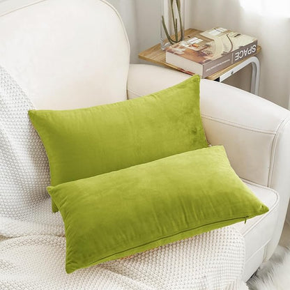 HWY 50 Leaf Green Velvet Rectangular Throw Pillow Covers 12x20 Inch, Pack of 2 Soft Cozy Solid Decorative Luxury Cushion Cases for Couch Sofa Bed Living Room Bedroom