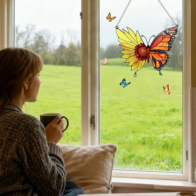 Stained Glass Window Hanging, Sunflower Suncatcher Gifts for Women,Men and Mom, Sunflower Glass Window Decor for Garden Home Decor, Mother's Day, Birthday Gift, Grandma Gift
