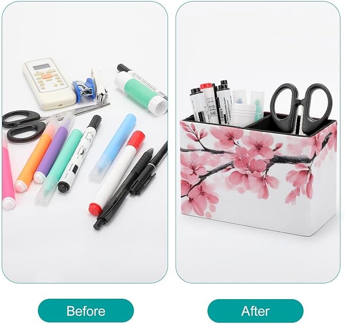 Fashion Desk Pen Holder PU Leather Desk Organize Decor, Makeup Brush Storage Branch Of A Flourishing Tree Cherry Flowers Blossoms Spring Theme Art