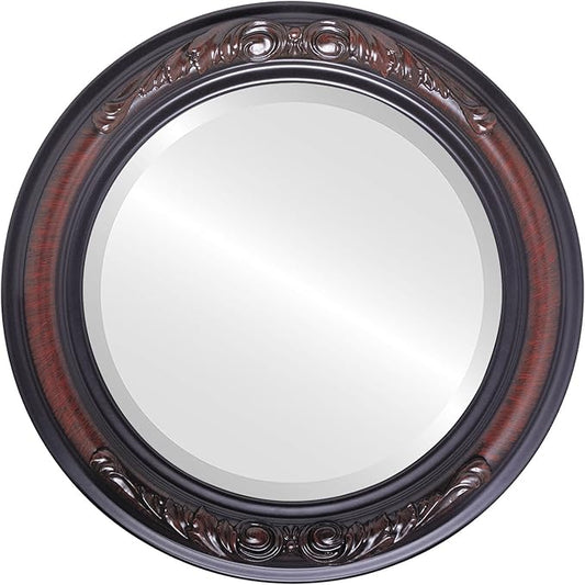 OVALCREST Round Beveled Wall Mirror for Home Decor - Florence Style - Vintage Cherry - 18x18 Outside Dimensions